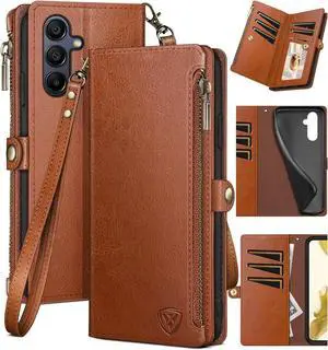 XcaseBar for A15 5G Wallet case with Zipper Credit Card Holder RFID Blocking,Flip Folio Book PU Leather Shockproof Protective Cover Women Men for A15 Phone case Light Brown