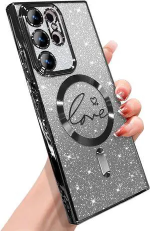 for Samsung Galaxy S23 Ultra Case Magnetic,for Women Girl Soft Cute Luxury Love Heart Plating Bling Gradient Glitter Phone Case Compatible with MagSafe Clear Shockproof Back Cover 6.8-Black