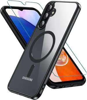 Magnetic Case for Samsung Galaxy A15, Samsung A15 5G Case with Screen Protector, [Military-Grade Drop Protection] Transparent Back Protective Phone Case Shockproof for Samsung A15 (Black)