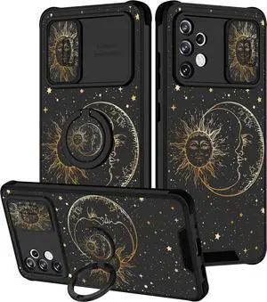 Goocrux (2in1 for Samsung Galaxy A32 5G Case Sun and Moon Women Girls Cute Stars Space Phone Cover with Slide Camera Cover+Ring Holder Fashion Golden Print Design Cases for Galaxy A 32 6.5''