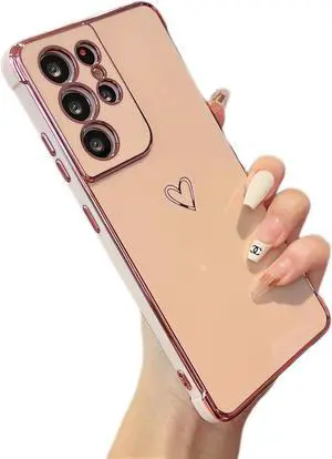 ZTOFERA Designed for Samsung Galaxy S21 Ultra 5G Case,Cute Plating Edge Love Hearts Pattern with Camera Lens Protection Phone Cover for Girls Women,Pink