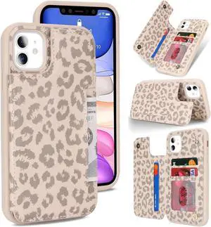 iCoverCase Compatible with iPhone 11 Case with Card Holder, Wallet Phone Case for Women Men RFID Blocking PU Leather Protective Case 6.1 Inch (Beige Leopard)