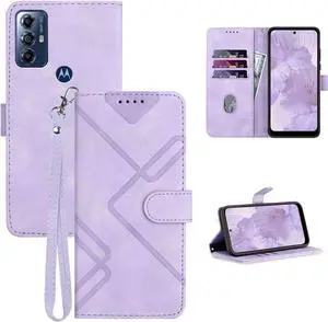 for Moto G Play 2023 Case Wallet/for Moto G Pure Phone Case, Card Holder Leather Kick-Stand, Wrist Strap, Magnetic Closure, Shockproof Protective Pattern Flip Cover (Purple)