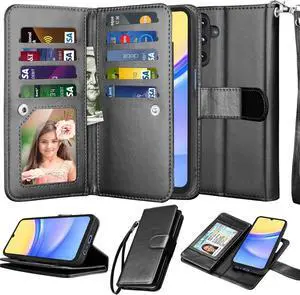 Njjex Galaxy A15 5G Case, for Samsung Galaxy A15 5G Wallet Case, [9 Card Slots] PU Leather ID Credit Holder Folio Flip [Detachable] Kickstand Magnetic Phone Cover & Lanyard for Samsung A15 [Black]