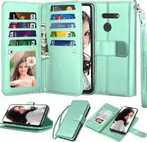 NJJEX Compatible with LG G8 ThinQ Case/LG G8/ LG G8 ThinQ Wallet Case, [9 Card Slots] PU Leather ID Credit Holder Folio Flip Cover [Detachable][Kickstand] Magnetic Phone Case & Wrist Strap [Mint]