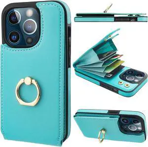 Folosu Compatible with iPhone 13 Pro Case Wallet with Card Holder, 360°Rotation Finger Ring Holder Kickstand Protective RFID Blocking PU Leather Double Buttons Flip Shockproof Cover 6.1 Inch Green