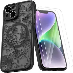 XIZYO Magnetic Case for iPhone 15 Floral Cute Case Flower Aesthetic [Compatible with Magsafe] Rose with [2 Screen Protectors] Women Girls Bumper Shockproof Cover, Black