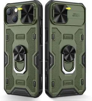Caka for iPhone 14 Case, iPhone 13 Case with Camera Cover & Kickstand with Built-in 360°Rotate Ring Stand Heavy Duty Protective Phone Cover Case for iPhone 14 & iPhone 13 - Green