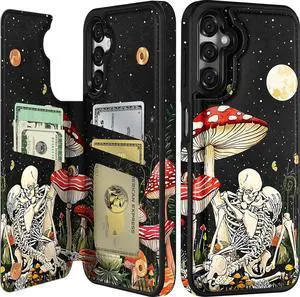 Shorogyt for Samsung Galaxy A14 5G Wallet Case with Card Holder - Designer Mushroom Skull Pattern Kickstand Magnetic Clasp Back Flip Folio Leather Phone Cases for Galaxy A14 5G for Women Men Girls
