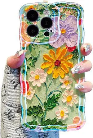 UEEBAI Case for iPhone 14 Pro Max, Colorful Retro Oil Painting Flower Case Pretty Glossy Pattern Wave Cover Cute Sparkly Floral Curly Cover Stylish Shell for Women Girl, Green Flower
