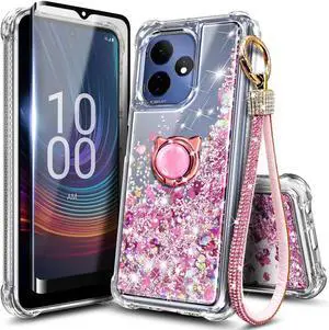 Designed for Boost Celero5G+ 2024/Celero3 5G+ Phone Case with Tempered Glass Screen Protector/Ring Holder/Diamond Wrist Strap Lanyard, Glitter Floating Liquid Cute Women Kids Cover (Rose Gold)