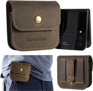 Holster for Samsung Z Flip 5/4/3, Motorola RAZR Series, Belt Clip Flip Phone Case with Card Holder & Magnetic Closure, Western Real Leather Pouch on Belt, Brown