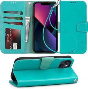Arae Compatible with iPhone 13 Case with Card Holder and Wrist Strap Wallet Flip Cover for iPhone 13 6.1 inch,Green