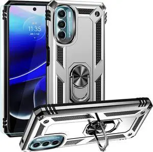Motorola Moto G 5G 2022 Case with Screen Protector, Military Grade 16ft Drop Tested Magnetic Ring Holder Kickstand Protective Phone Case, Silver