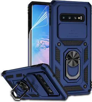 for Samsung Galaxy S10 Plus Case with Camera Lens Cover HD Screen Protector, Military-Grade Drop Tested Magnetic Ring Holder Kickstand Protective Phone Case for Samsung Galaxy S10+ Plus (Navy Blue)