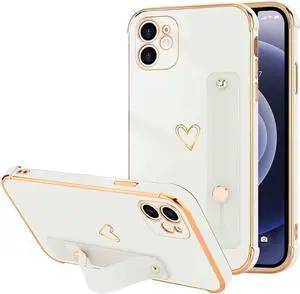 Compatible with iPhone 11 Case for Women Girls, Bling Luxury Plated Bumper with Cute Love-Heart Design, Adjustable Hand Strap Stand, Raised Edges Shockproof Protection for iPhone 11 - White