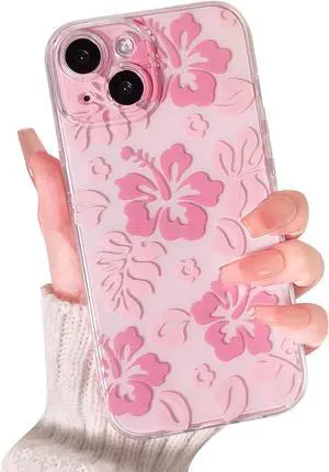Compatible for iPhone 15 Plus Case Cute Clear Hibiscus Flower Floral Aesthetic Printed Design for Girls Women Soft TPU Shockproof Protective Girly for iPhone 15 Plus-Pink