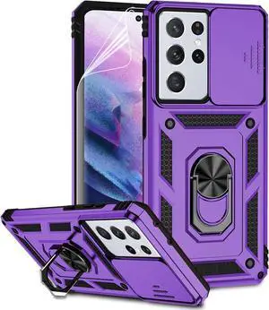 Phone Case with Camera Lens Cover for Samsung Galaxy S21 Ultra 5G, Military-Grade Drop Tested, Magnetic Ring Holder Kickstand Protective Case, Purple