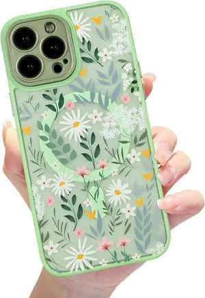 Compatible iPhone 13 Pro Magnetic Matte Translucent Case - Luxury Shockproof MagSafe Case with Cute Flower Pattern Hard Back Cover for Women Girls - Green Floral