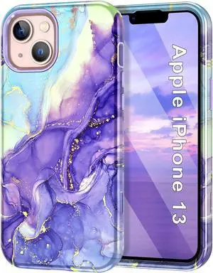 CASEFIV Compatible with iPhone 13 Case, Marble Pattern 3 in 1 Heavy Duty Shockproof Full Body Rugged Hard PC+Soft Silicone Drop Protective Girls Women Cover for iPhone 13 6.1 inch 2021, Cobalt Violet
