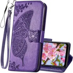 for Motorola Moto G Pure Phone Case Wallet,Women Butterfly Embossed PU Leather Protective Case with Kickstand Card Holder Slots Wrist Strap Flip Cover (Purple)