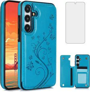 Phone Case for Samsung Galaxy S24 Plus S24+ 5G with Tempered Glass Screen Protector Card Holder Wallet Cover Stand Flip Leather Cell Accessories S24plus 24S + S 24 24+ 2024, 6.7 inch Women Men Blue