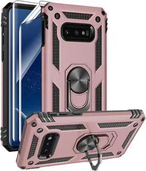 for Samsung Galaxy S10e Case with HD Screen Protectors, Military-Grade Metal Ring Holder Kickstand 15ft Drop Tested Shockproof Cover Case for Samsung Galaxy S10e (2019) Rose Gold