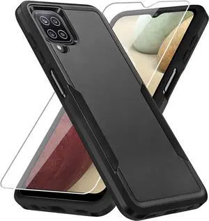 for Galaxy A12 Case, with Screen Protector, Heavy-Duty Tough Rugged Slim Shockproof Protective Case for Samsung A12, Black