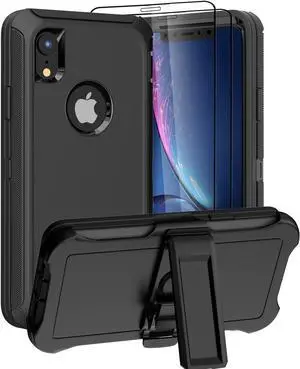 Designed for iPhone XR Case [3 in 1 Full Body Protection] Belt-Clip Kickstand Holster with 2 Screen Protector, Rugged Heavy Duty Military Grade Cover, Shockproof/Drop 6.1 inch Phone Case(Black)