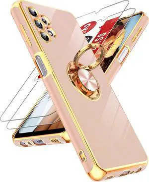 LeYi for Samsung Galaxy A32 5G Case with Tempered Glass Screen Protector [2 Pack] 360° Rotatable Ring Holder Magnetic Kickstand, Plating Rose Gold Edge Protective Case, Pink