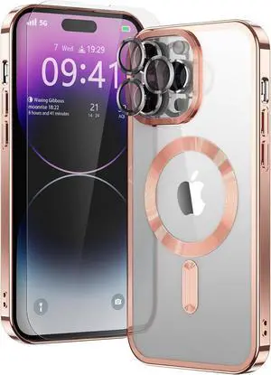 (2024 New) Magnetic Clear for iPhone 13 Pro Case with MagSafe, with Camera Lens Cover Protection & Screen Protector, Slim Thin Mag Safe Magnet Phone Case Women Girls Men for Apple 13pro (Pink)