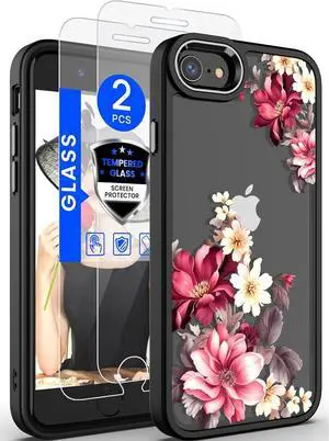 Dretal for iPhone SE 2022/2020 Case,iPhone 8/7 Case,with Tempered Glass Screen Protector,Military Grade Drop Tested Hard Back & Soft Edge Slim Flower Women Girls Phone Protective Cover (Safflower)
