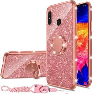for Samsung Galaxy A10E Phone Case Girls Women Cute Rhinestone Glitter TPU Case with Ring Stand Strap Lanyard Shockproof Protection Cover for Samsung Galaxy A20E -Rose Gold