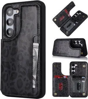 iCoverCase Compatible with Samsung Galaxy S23 Case with Card Holder, S23 Wallet Case for Women Men [RFID Blocking] PU Leather Protective Phone Case for S23 5G (Black Leopard)