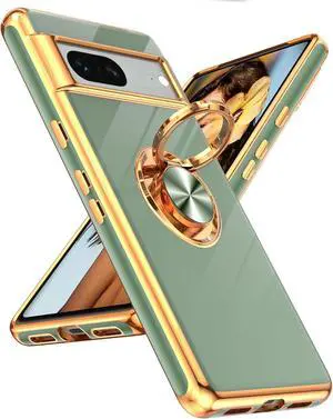 LeYi for Google Pixel 7 Phone Case: 360° Rotatable Ring Holder Magnetic Kickstand, Plating Rose Gold Edge Protective for Google Pixel 7 Case, L-Green