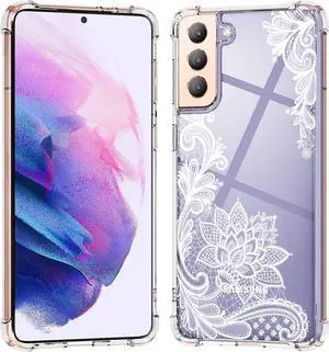 KIOMY Clear Case for Samsung Galaxy S21 5G Airbag Corners Shockproof Bumper Protective Phone Cover, Hybrid Design Hard PC Back with Flexible TPU Frame, Cute Lace Floral Flower Design