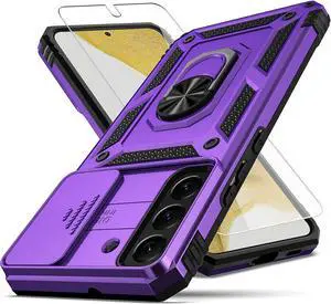 for Samsung Galaxy S22 Plus Case,with Camera Lens Cover HD Screen Protector,[Military Grade] Ring Car Mount Kickstand Hybrid Hard PC Soft TPU Shockproof Protective Case for Galaxy S22 Plus, Purple