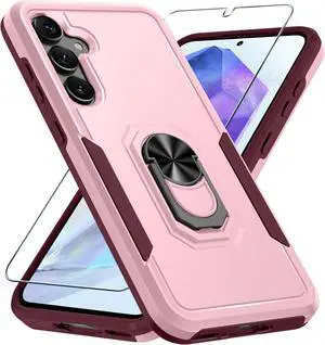 Janmitta Compatible with Samsung Galaxy A35 5G Case with Screen Protector,Heavy Duty Shockproof Full Body Phone Cover Built in Metal Ring Holder Kickstand,2024 Cute Pink