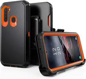 Phone Case for Samsung Galaxy A21 Phone, Heavy Duty Hard Shockproof Armor Protector Case Cover with Belt Clip Holster for Samsung A21 (Black+Orange)