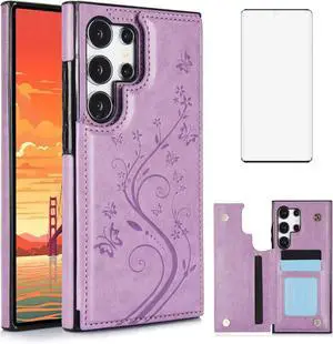 Phone Case for Samsung Galaxy S24 Ultra 5G with Tempered Glass Screen Protector Card Holder Wallet Cover Stand Flip Leather Cell Accessories S24Ultra 24S S 24 24Ultra 2024, 6.8 inch Women Men Purple