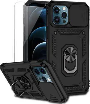 for iPhone 12 Pro Max Case with Camera Lens Cover HD Screen Protector, Military Grade Drop Protection Magnetic Ring Holder Kickstand Protective Phone Case for Apple iPhone 12 Pro Max 6.7 inch (Black)