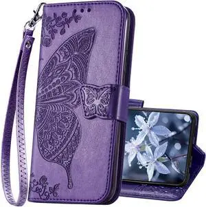 for Samsung Galaxy S24 Case Wallet,Women Flip Folio Butterfly Embossed PU Leather Stand Credit Card Holders Slots Wrist Strap Phone Cover for Galaxy S24 5G 6.1" (Purple)