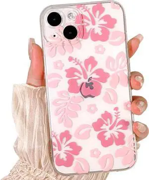Compatible for iPhone 14 Case Cute Clear Hibiscus Flower Floral Aesthetic Printed Design for Girls Women Soft TPU Shockproof Protective Girly for iPhone 14-Pink