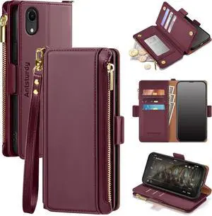 Antsturdy Compatible with iPhone XR Wallet Case,RFID Blocking PU Leather Phone Case Women Men Flip Shockproof Protective Cover with Wrist Strap Zipper Pocket Credit Card Holder Slots,Wine Red