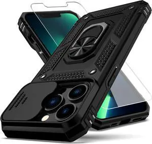 for iPhone 13 Pro Max Case,with Camera Lens Cover HD Screen Protector,[Military Grade] Ring Car Mount Kickstand Hybrid Hard PC Soft TPU Shockproof Protective Case for iPhone 13 Pro Max, Black