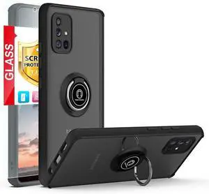 TJS Compatible with Samsung Galaxy A71 5G Case, with Tempered Glass Screen Protector, Metal Ring Magnetic Support Kickstand Heavy Duty Drop Protector Phone Case (Black)