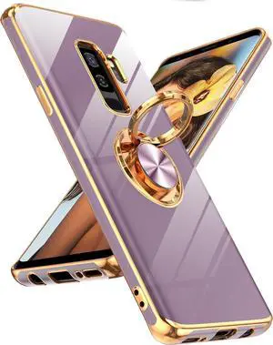 LeYi for Galaxy S9 Plus Phone Case: 360° Rotatable Ring Holder Magnetic Kickstand [ Not Applicable Samsung S9 ], Plating Rose Gold Edge Protective Case, Purple