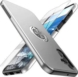 Case for Samsung for Galaxy A15 5G with Tempered Glass Screen Protector,Hybrid 2 in 1 Protective Slim Fit Sturdy Phone Case with Invisible Magnetic Ring Kickstand for Galaxy A15 6.5 Inch,Silver