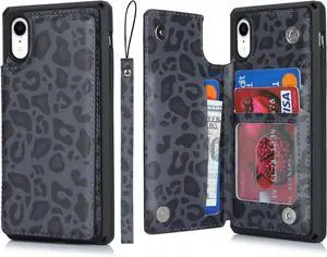 Cavor for iPhone Xr Wallet Case with Card Holder,for iPhone Xr Case for Women Men,Phone Case for iPhone Xr Cases with Stand and Strap,Leopard Grain Shockproof Protective Cover-Black