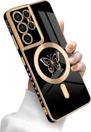 for Samsung Galaxy S21 Ultra 5G Magnetic Case, Cute Butterfly Plating Edge Case with MagSafe for Women Girls Men Soft TPU Bumper Shockproof Protective Cover for Samsung Galaxy S21 Ultra-Black